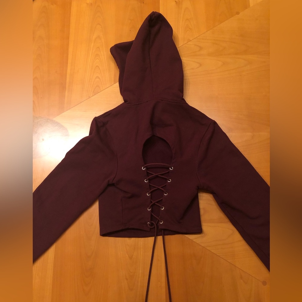 Blue Blush burgundy cropped corset back hoodie